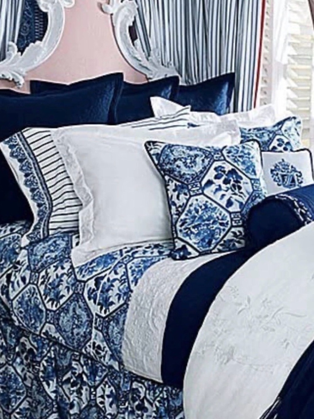 VTG Ralph Lauren Palm Harbor Octagonal Blue QUEEN Duvet Cover-Cotton Sateen-USA
